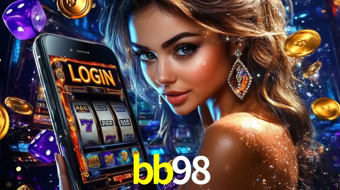 Mulher glamorosa segurando um smartphone com a tela de login para os jogos de caça-níqueis do cassino online bb98, com moedas de ouro e dados ao redor.