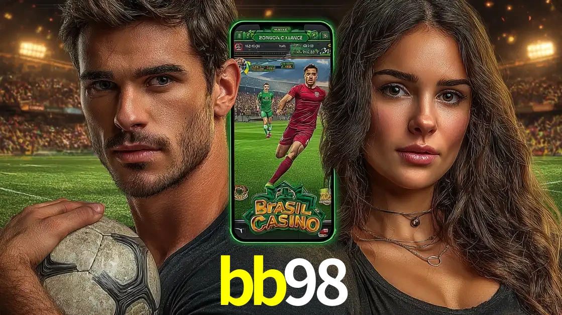 Homem segurando uma bola de futebol e uma mulher ao lado de um smartphone exibindo o jogo de apostas esportivas da bb98. Faça seu palpite no cassino online.